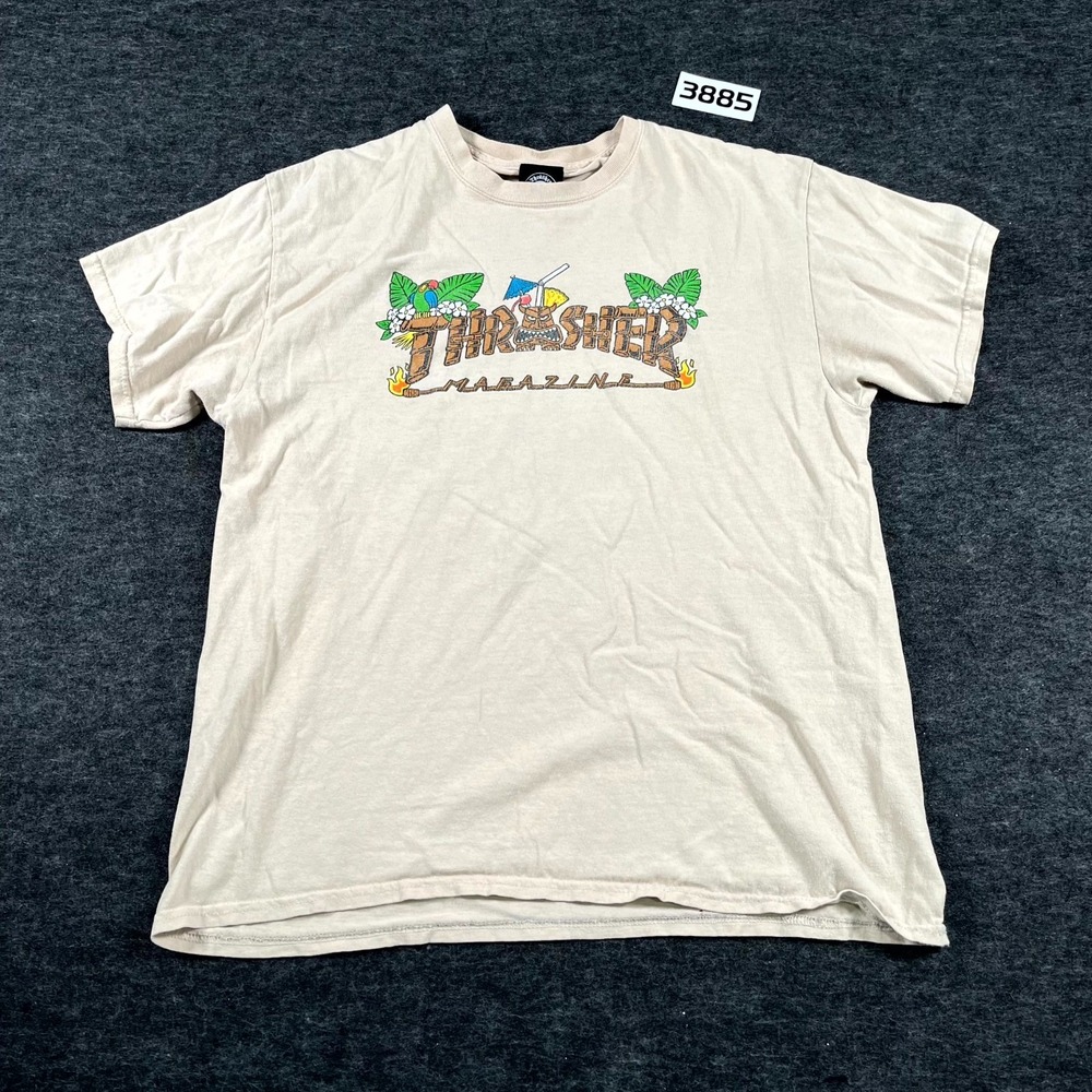 Thrasher Magazine Tiki T Shirt Mens Large Tan Beige Cotton Skateboarding Graphic